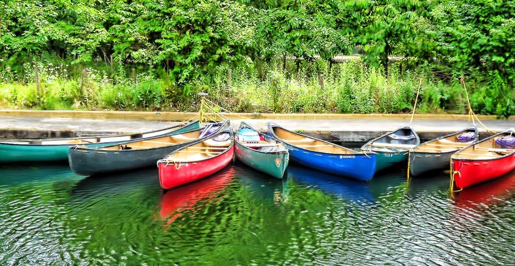 Bunte Kanus am Ufer in der Hohenloher Natur